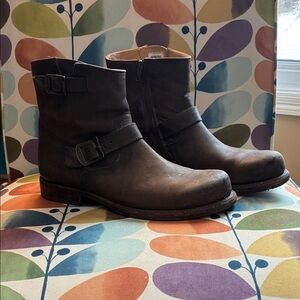 Frye Distressed Brown Leather Buckle Boots